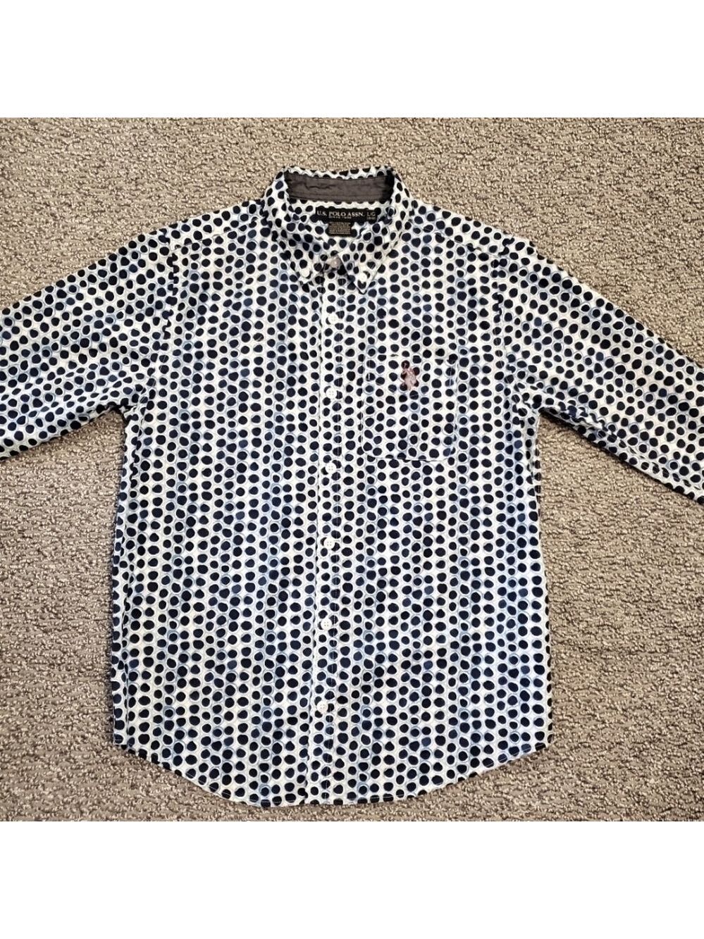U.S. Polo Assn. Polka-Dot Button Down Shirt Casual  Lightweight White Blue Boys